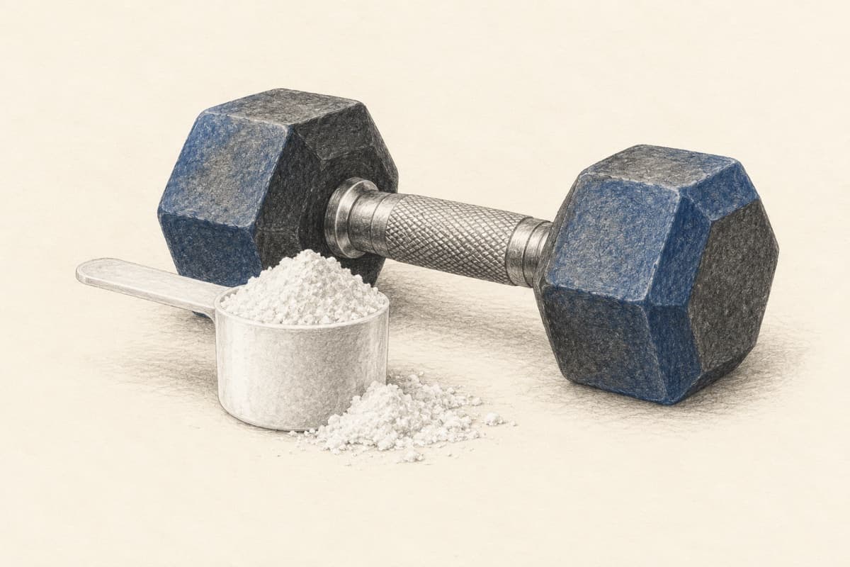 Measuring scoop filled with powder beside a blue and graphite dumbbell