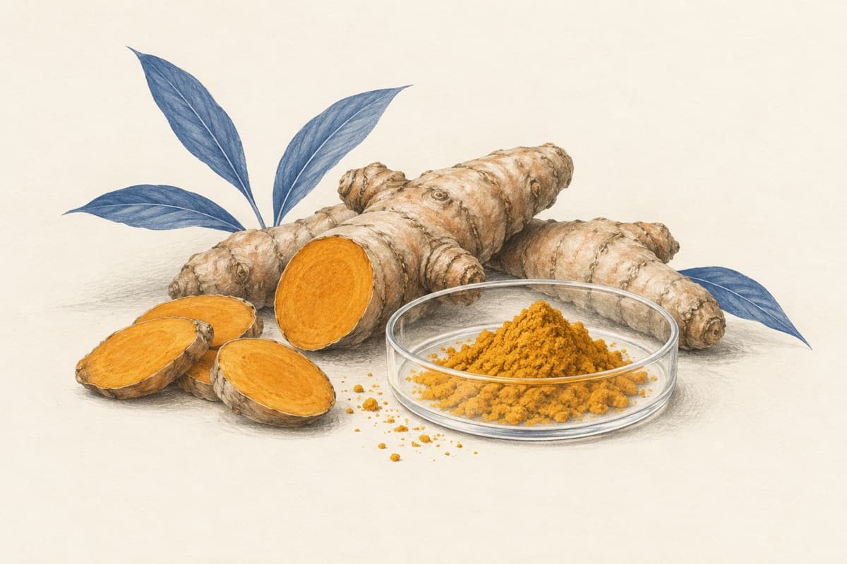 Turmeric root slices and powder in a clear dish