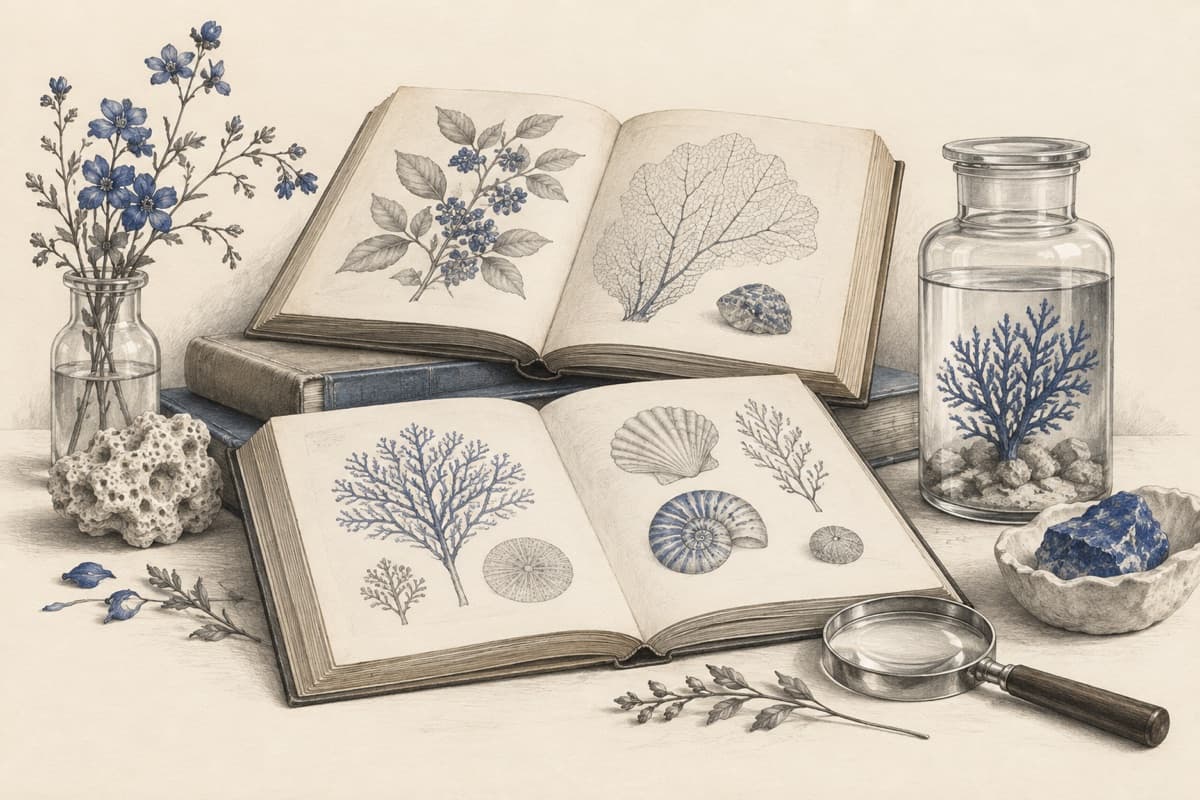 Open illustrated reference books, a magnifier and a specimen jar