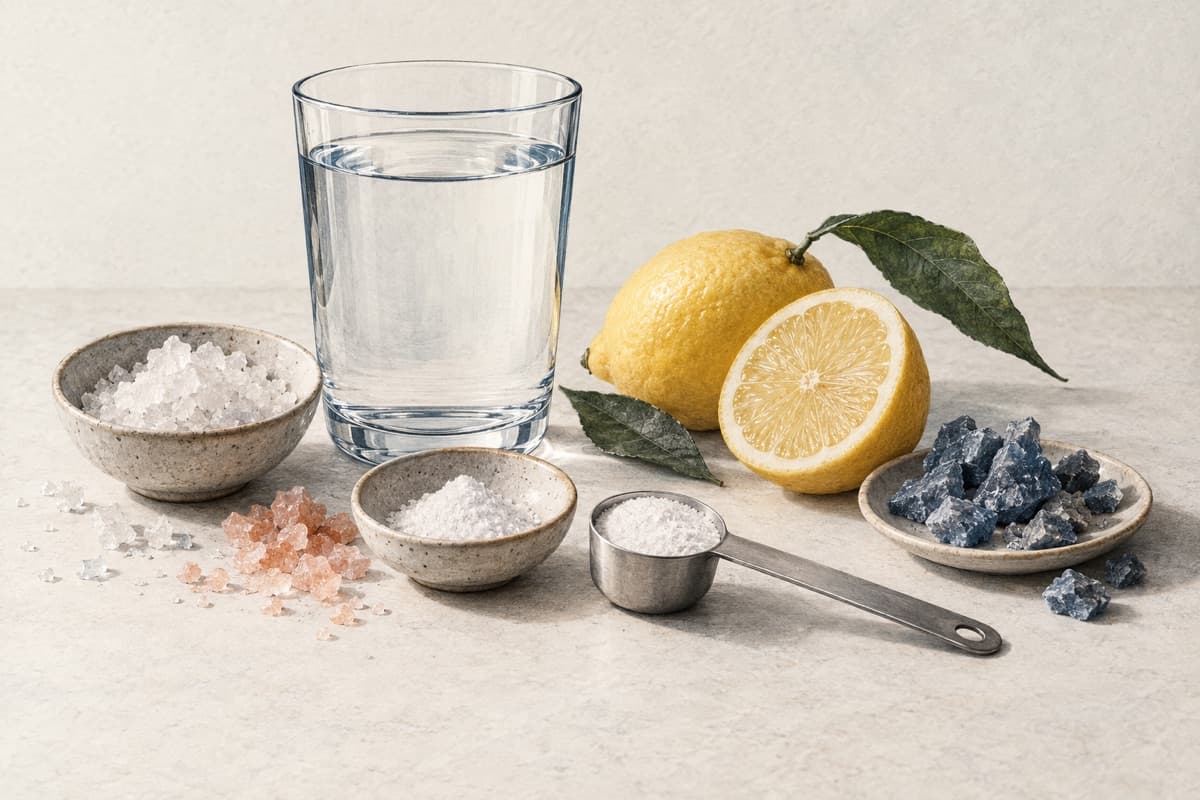Water glass, lemon slice, mineral crystals and a measuring scoop