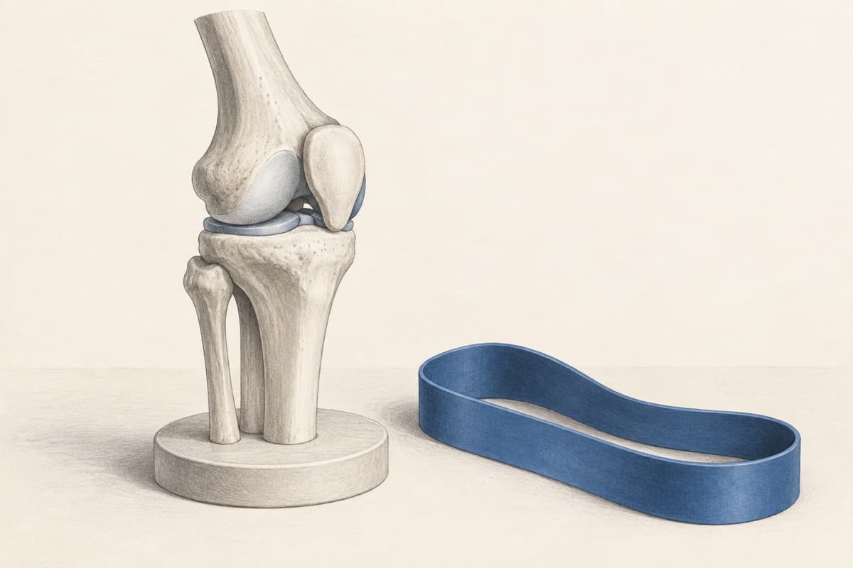 Simplified illustrated knee-joint model beside a blue resistance band