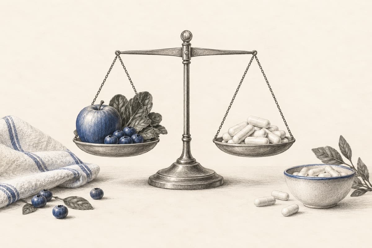 Balance scale with food on one side and capsules on the other