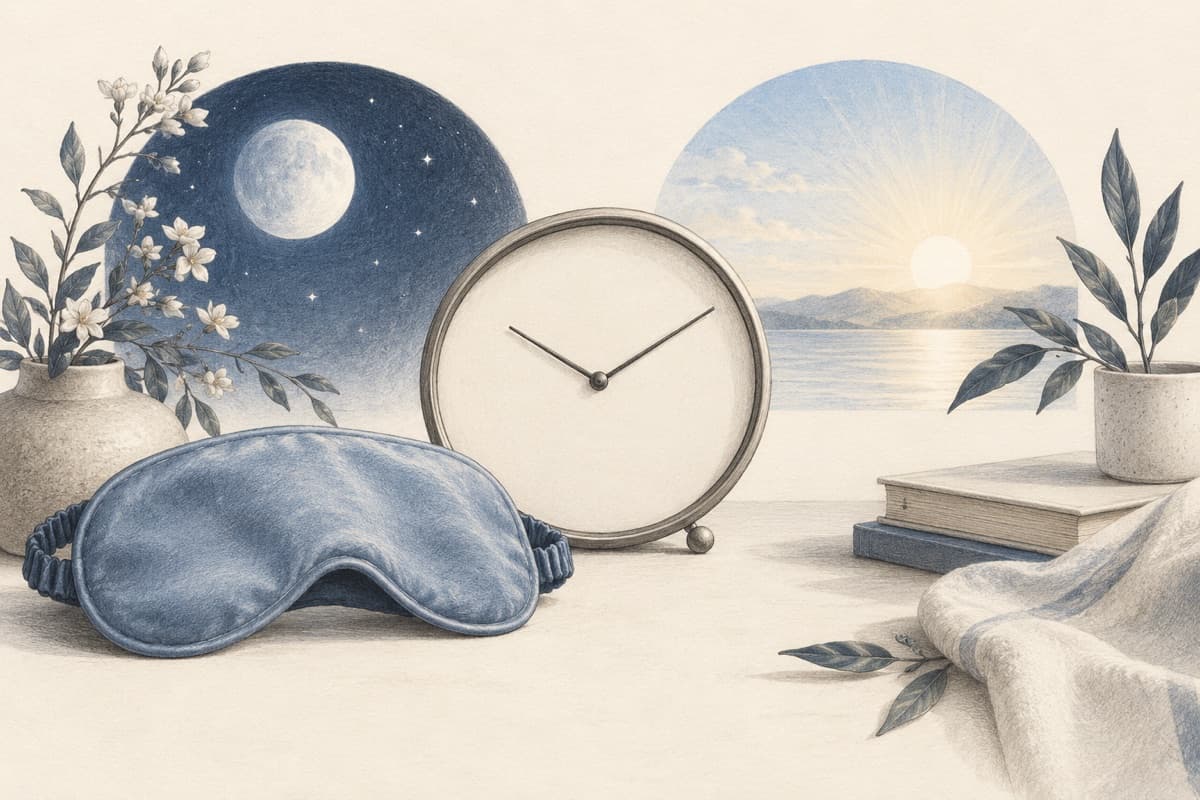 Blank clock face, a sleep mask, a moon and daylight